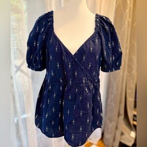 Madewell Jacquard Puff Sleeve Navy Blue Smocked Empire Top‎ Size M
